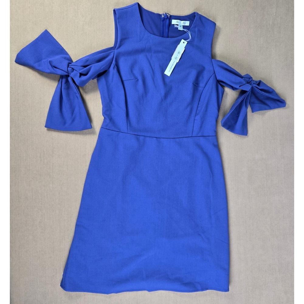 She Sky Cold‎ Shoulder Bow Sleeve Dress Royal Blue Size Medium Midi  NEW
